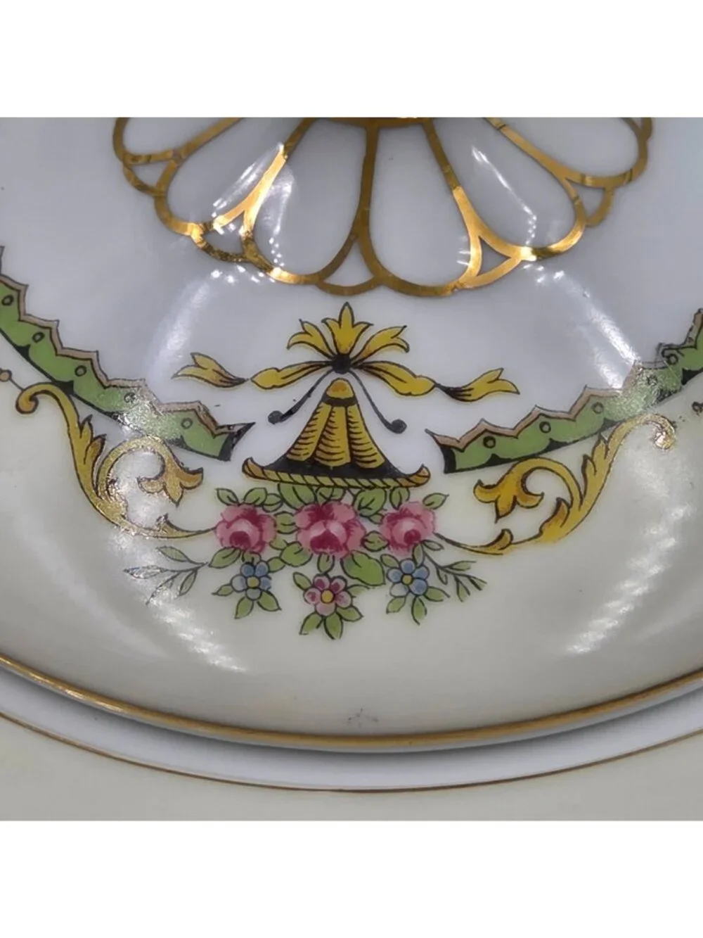 Noritake Penelope Sugar Bowl and Lid Green Border Pink Roses Urn Gold Trim